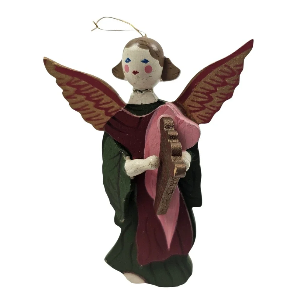 Vintage Style Hand Painted Wooden Angel Harp Christmas Ornament Folk Art Green